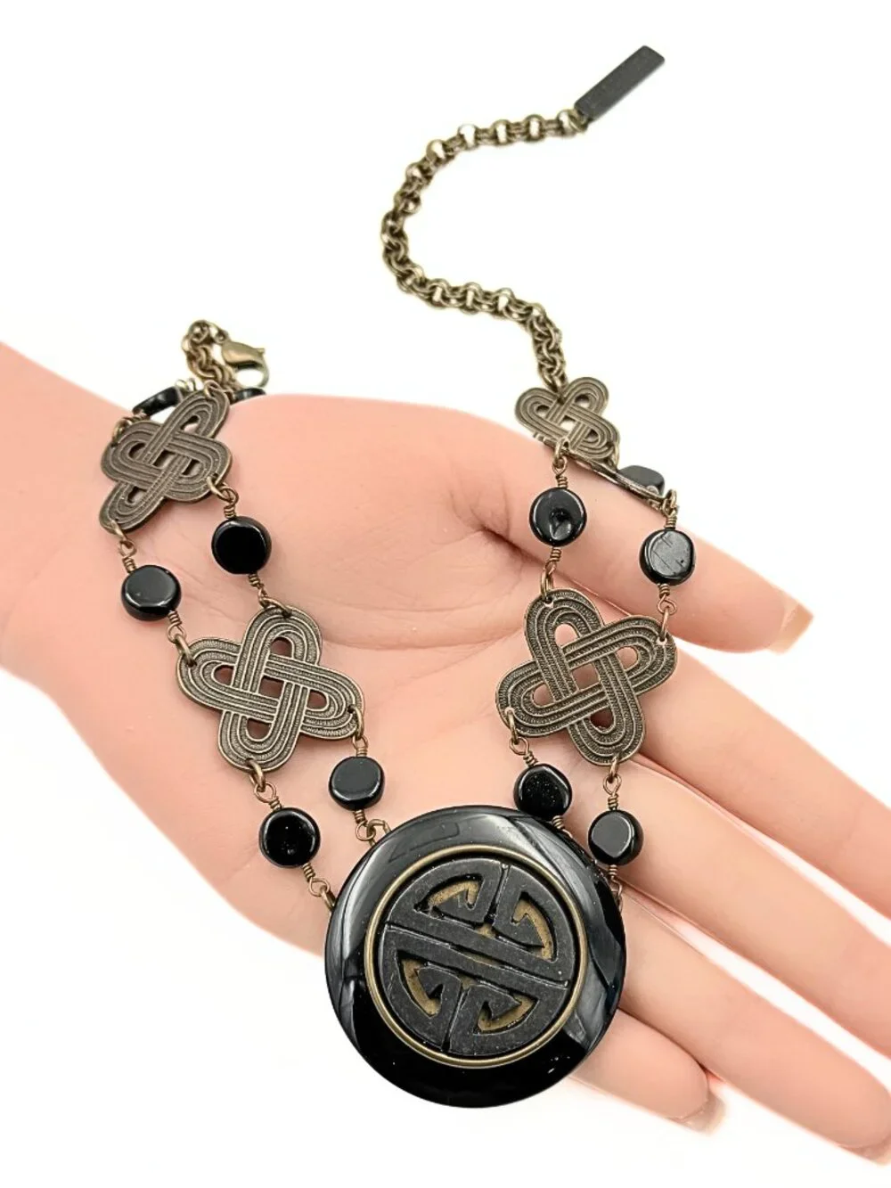 Jan Michaels Signed San Francisco Onyx Celtic Asian Fusion Brass Tribal Necklace